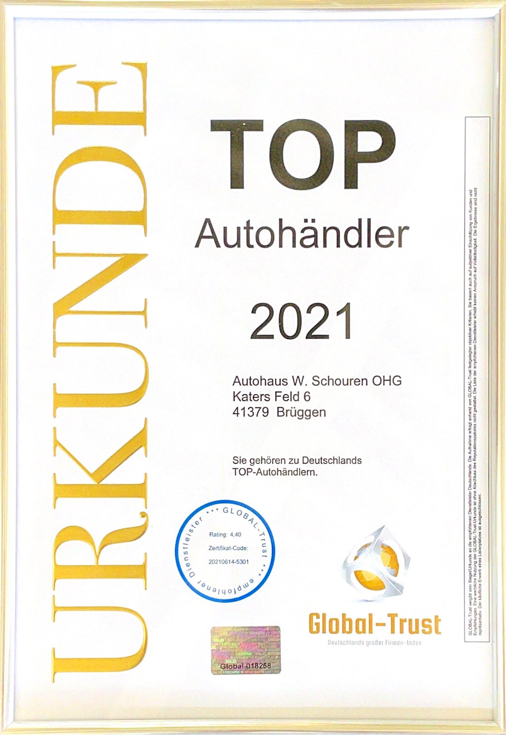 Urkunde Top Autohändler 2021 Autohaus Schouren